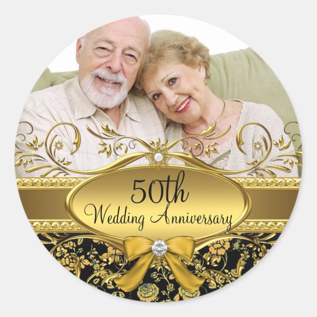 Gold & Black Rose Photo 50th Anniversary Sticker (Front)
