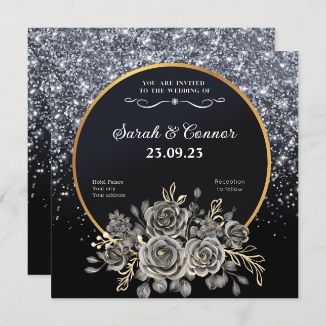 Gold Black Rose Silver Glitter Wedding Invitation (Front/Back)