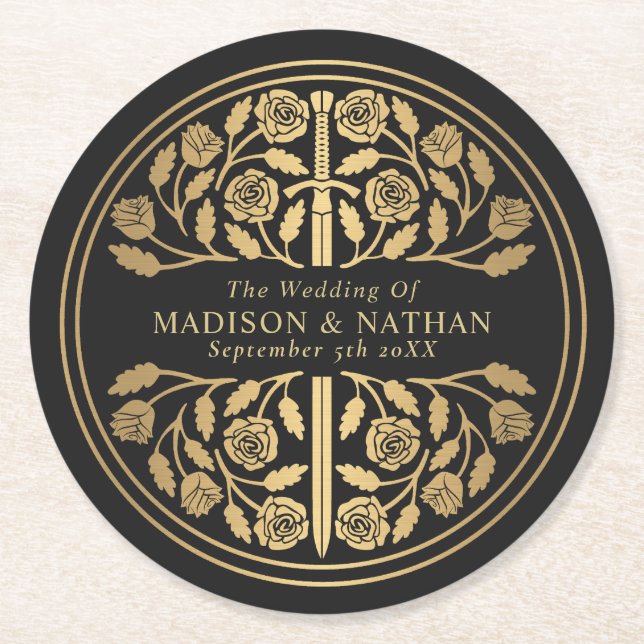 Gold Black Royal Medieval Sword Wedding Round Paper Coaster (Front)
