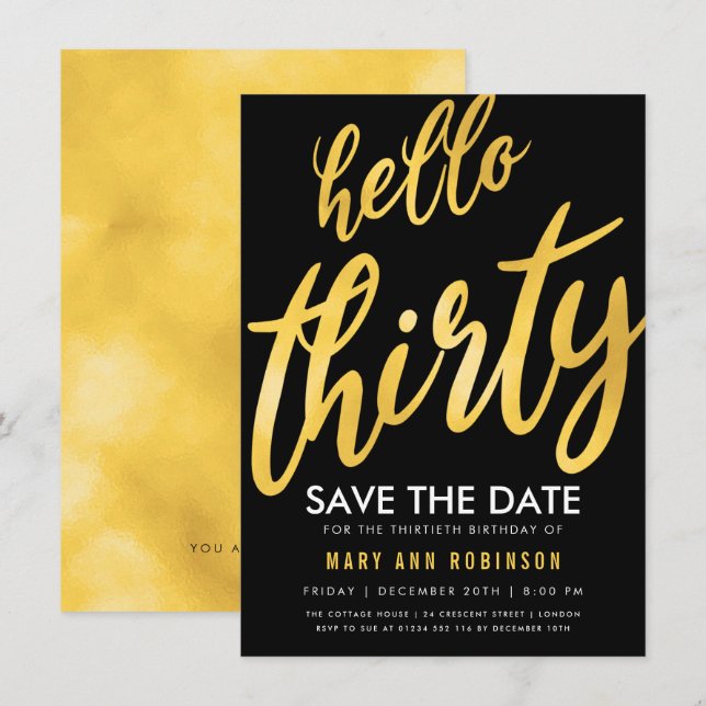 Gold Black Save Date Thirty Birthday Party Invitation (Front/Back)