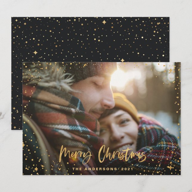 Gold black script merry Christmas stars 1 photo Holiday Card (Front/Back)