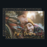 Gold black script merry Christmas stars 1 photo Holiday Card<br><div class="desc">Gold merry Christmas stars 1 photo holiday card. With a script text and gold effect design,  black ground colour can be change to suit your style.</div>
