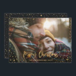 Gold black script merry Christmas stars 1 photo Holiday Card<br><div class="desc">Gold merry Christmas stars 1 photo holiday card. With a script text and gold effect design,  black ground colour can be change to suit your style.</div>