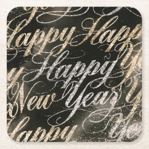 Gold Black Silver Sparkle Happy New Year Square Paper Coaster