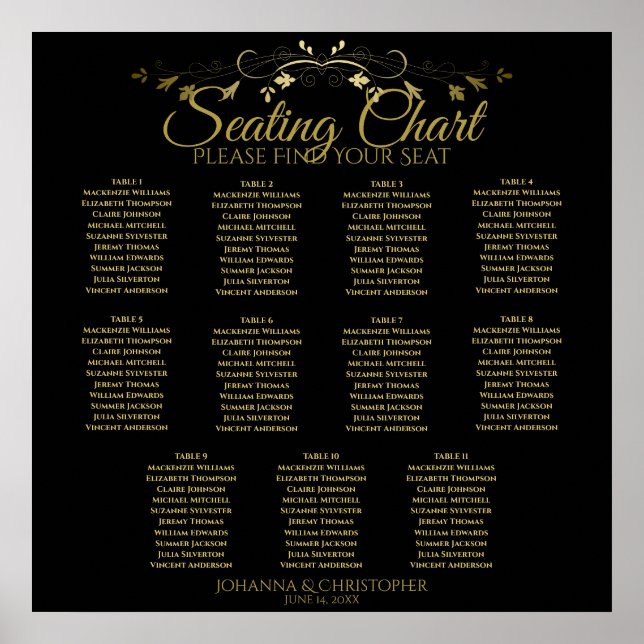 Gold & Black Simple 11 Table Wedding Seating Chart (Front)