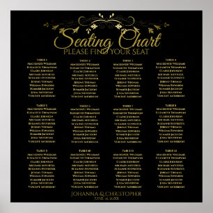 Gold & Black Simple 12 Table Wedding Seating Chart