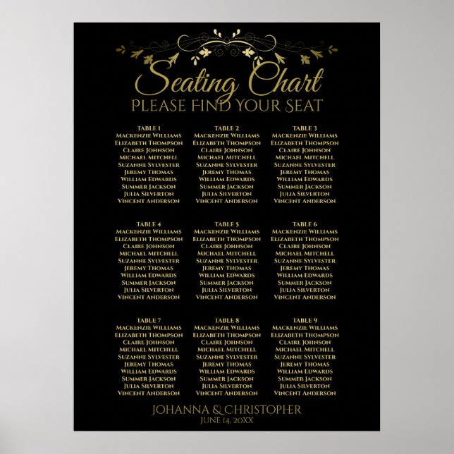 Gold & Black Simple 9 Table Wedding Seating Chart (Front)