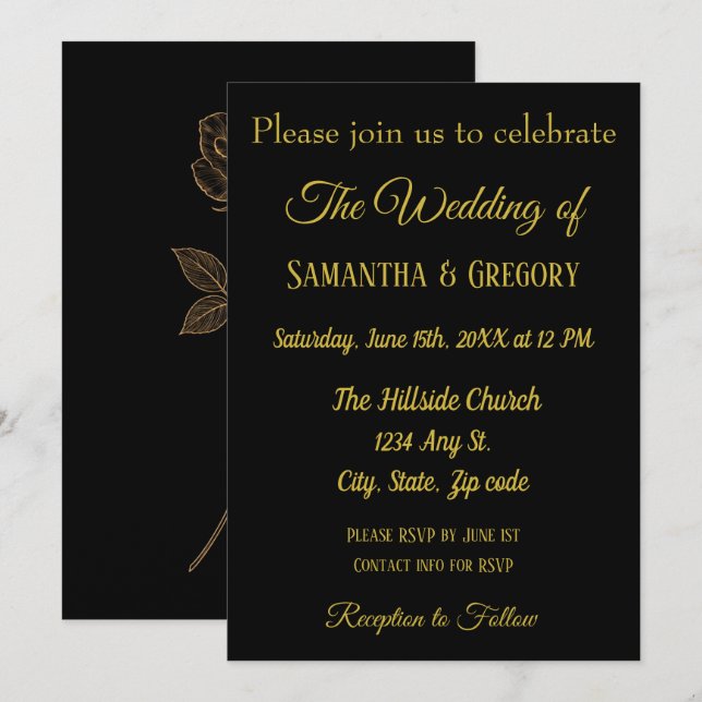 Gold & Black Simple Elegant Wedding Invitation (Front/Back)