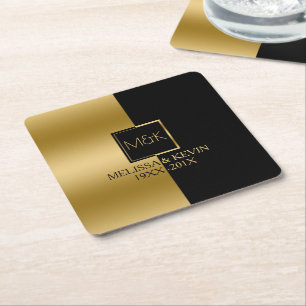 Gold & Black Slick Geometric Design Square Paper Coaster
