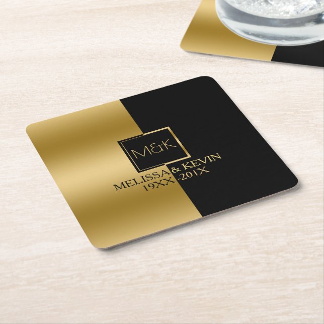 Gold & Black Slick Geometric Design Square Paper Coaster (Angled)
