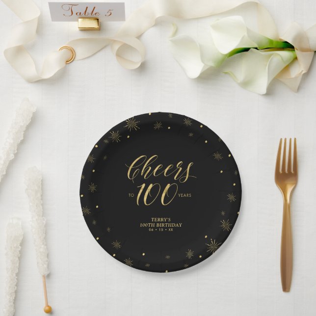 Gold & Black Sparkle Cheers 100th Birthday Party Paper Plate (Wedding)