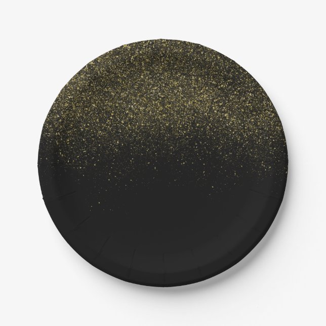 Gold Black Sparkle Glitter Paper Plate (Front)