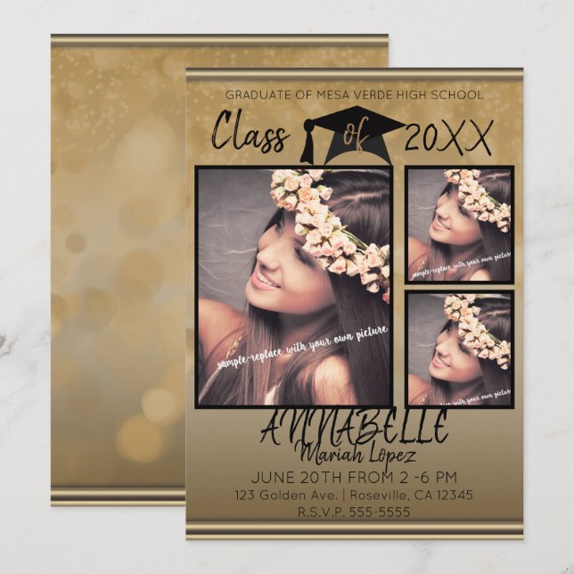 Gold Black Sparkle Graduation Graduate Party Photo Invitation (Front/Back)