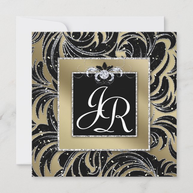 Gold Black Sparkle Wedding Leaf Floral  Invitation (Front)