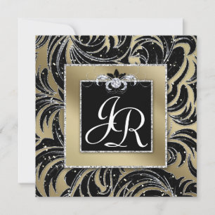 Gold Black Sparkle Wedding Leaf Floral  Invitation
