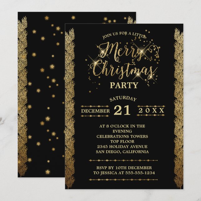 Gold Black Sparkles Merry Christmas Party Invitation (Front/Back)