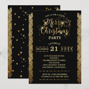Gold Black Sparkles Merry Christmas Party Invitation