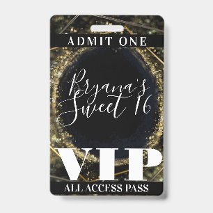 Gold Black Sparkling Lights Glam Sweet 16 VIP Pass Badge