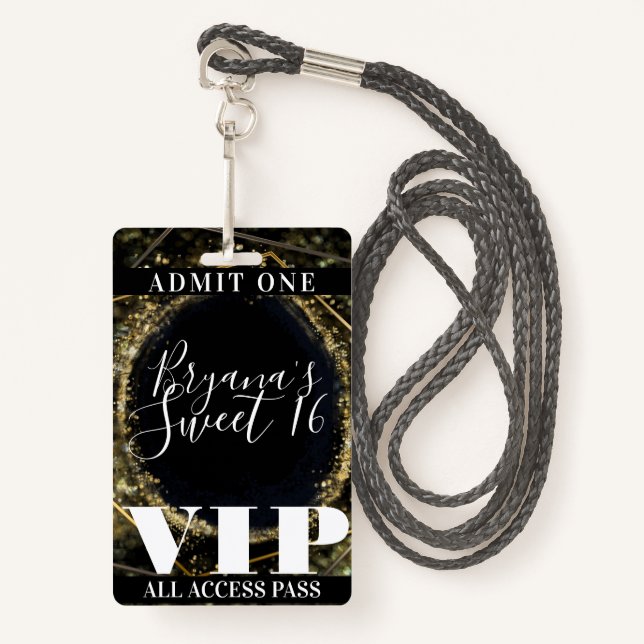 Gold Black Sparkling Lights Glam Sweet 16 VIP Pass Badge (Front with Lanyard)