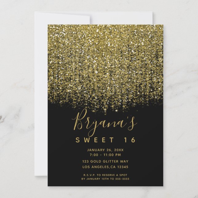 Gold & Black Sparkly Glitter Sweet 16 Party Invitation (Front)