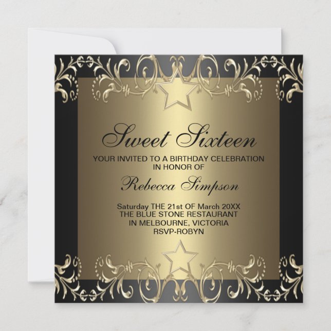 Gold & Black Star Sweet 16 Birthday Invitation (Front)