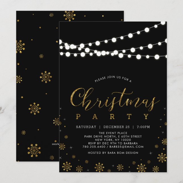 Gold & Black | String Lights Christmas Party Invitation (Front/Back)