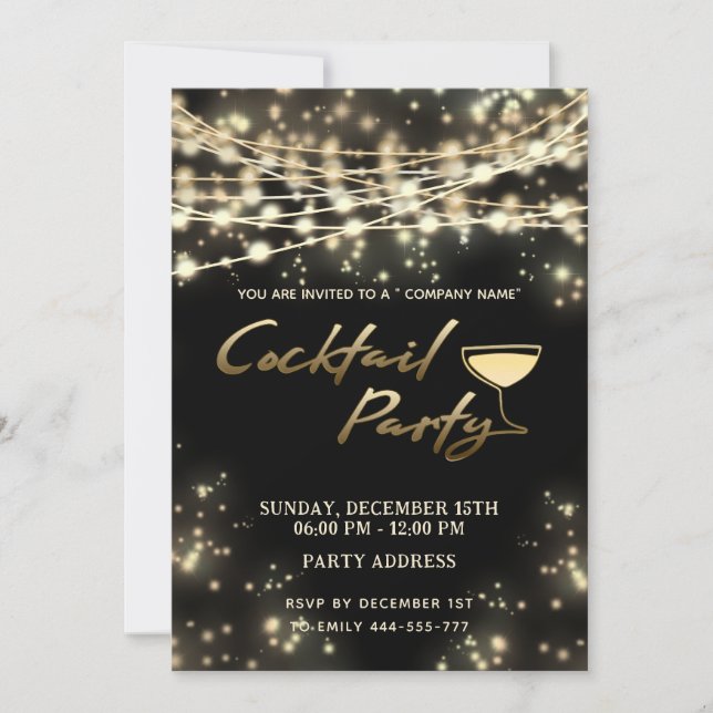Gold black string lights corporate Cocktail party  Invitation (Front)