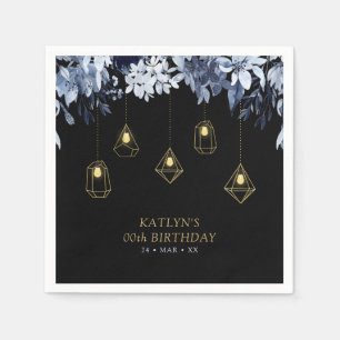 Gold & Black String Lights Floral Birthday Party Napkin