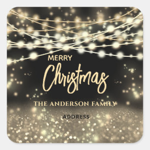 Gold black string lights sparkle Merry Christmas Square Sticker