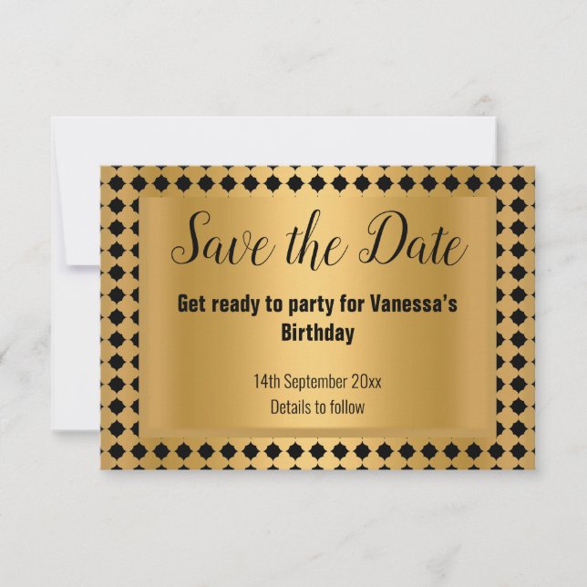 GOLD BLACK STRIPE PATTERNED SAVE THE DATE ANNOUNCEMENT (Front)