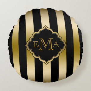 Gold & Black Stripes Geometric Pattern Round Pillow