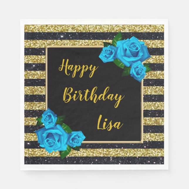 Gold Black Stripes Glitter Blue Roses Birthday Napkin (Front)