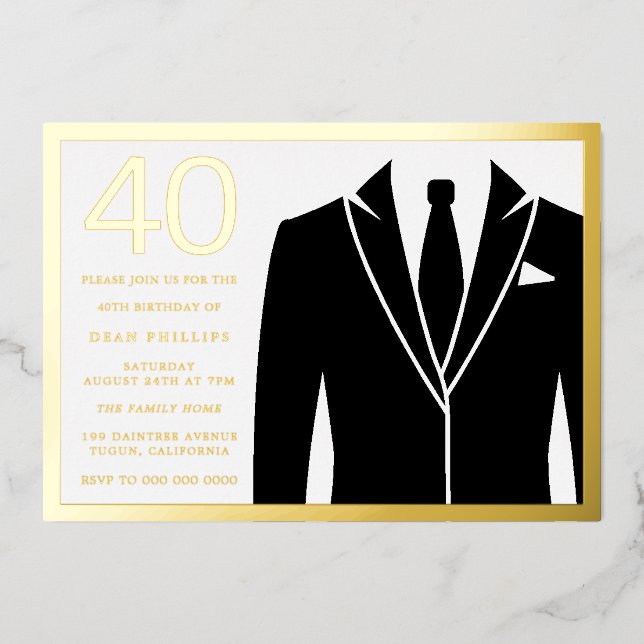 Gold & Black Suit & Tie 40th Birthday Party Golden (Front)