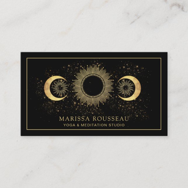 Gold Black Sun Moon Yoga Instructor Business Card (Front)