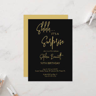 Gold Black Surprise Party Script 50th Birthday  Invitation