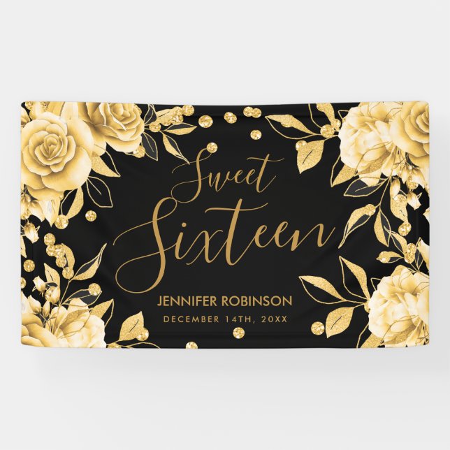 Gold Black Sweet 16 Glitter Confetti Floral Banner (Horizontal)
