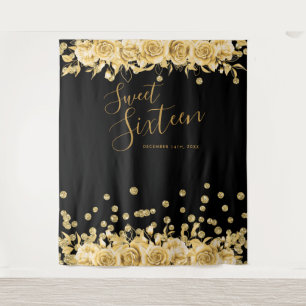 Gold Black Sweet 16 Glitter Confetti Floral Tapestry