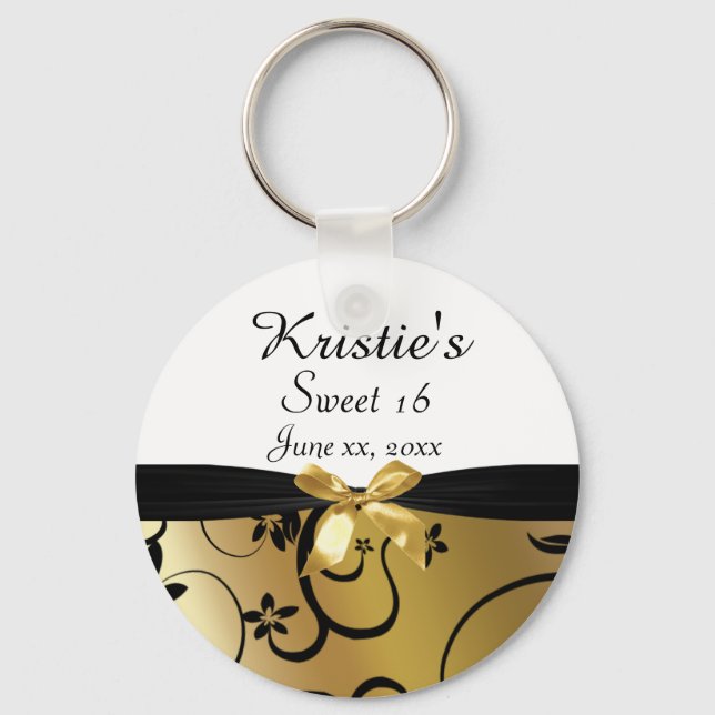 Gold & Black, Sweet Sixteen, Custom, Party Favour Keychain (Front)