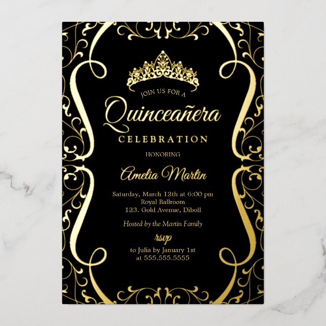 Gold Black Swirl Elegant Quinceanera  (Front)