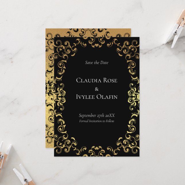Gold & Black Swirl Gothic Wedding Invitation (Front/Back In Situ)