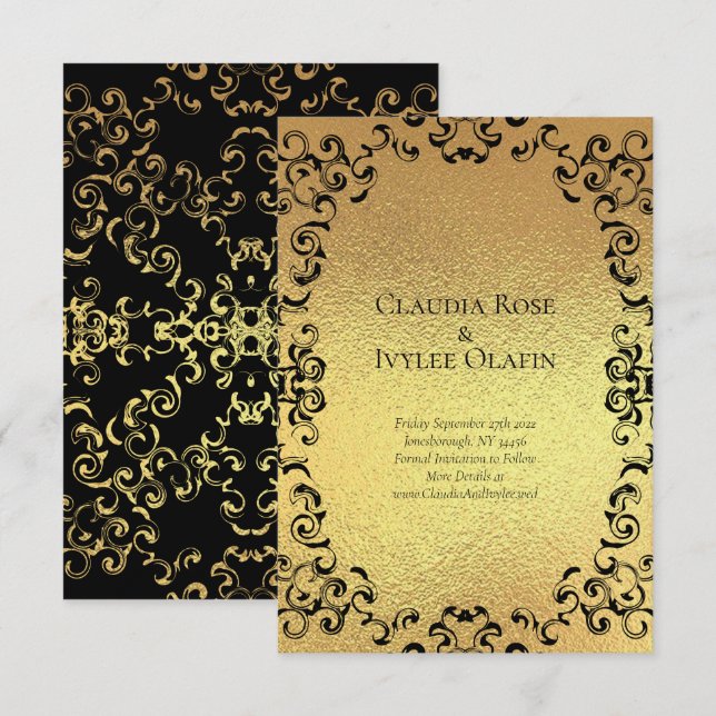 Gold & Black Swirl Gothic Wedding Invitation (Front/Back)