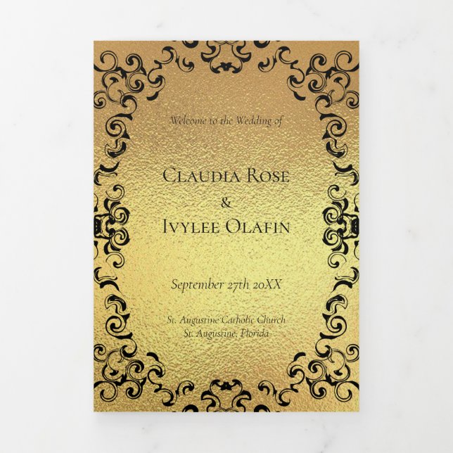 Gold & Black Swirl Gothic Wedding Tri-Fold Programme (Cover)
