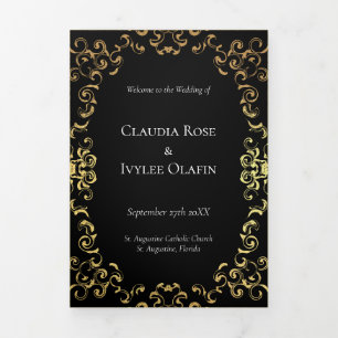Gold & Black Swirl Gothic Wedding Tri-Fold Programme