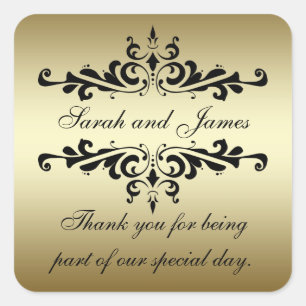 Gold Black Swirls Thank You Wedding Stickers