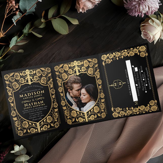 Gold Black Sword Shield Medieval Fantasy Wedding  Tri-Fold Invitation (Creator Uploaded)