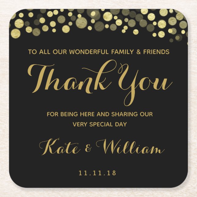 GOLD & BLACK THANK YOU personalised coaster (Front)