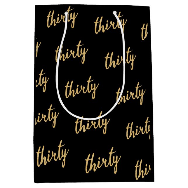 Gold Black "Thirty" 30 Birthday Party Glitter Medium Gift Bag (Front)