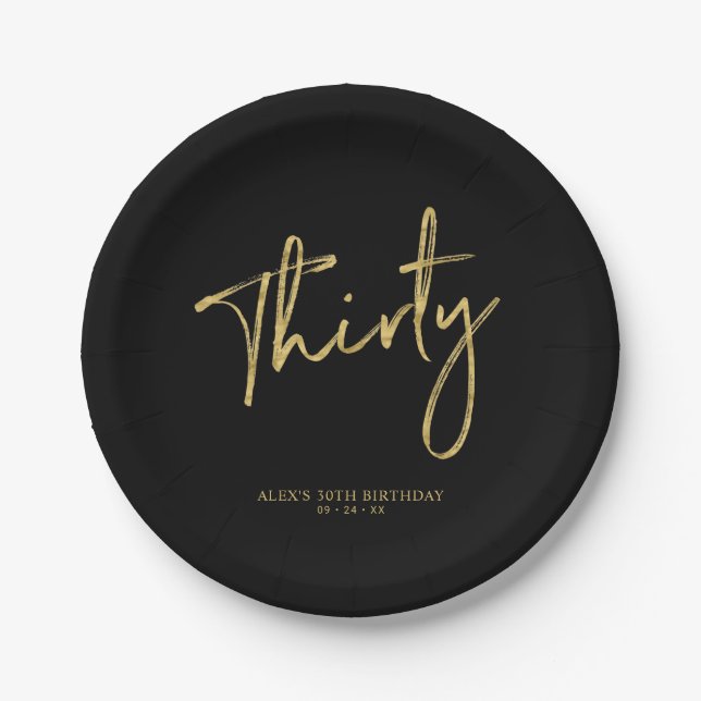 Gold & Black Thirty Lettering 30th birthday Paper Plate (Front)