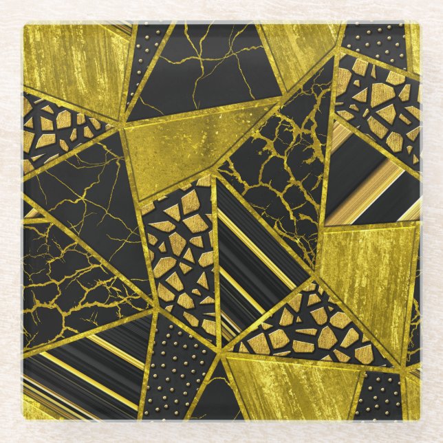 Gold Black Triangle Texture Illusion Glass Coaster (Front)