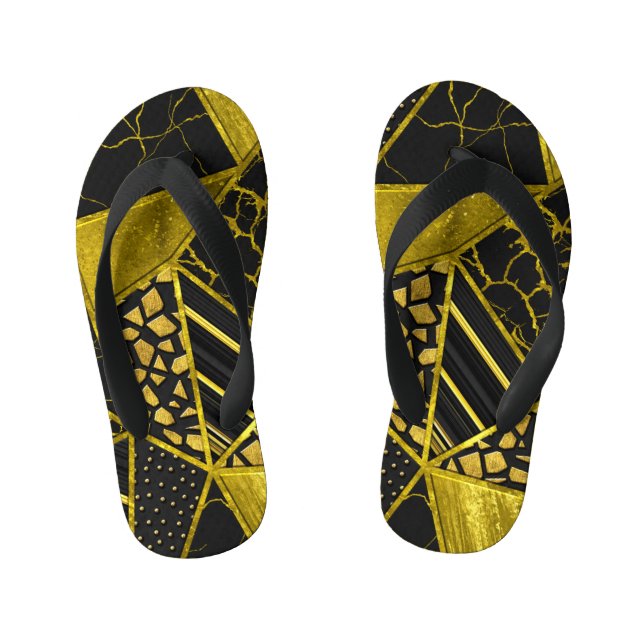Gold Black Triangle Texture Illusion Kid's Flip Flops (Footbed)